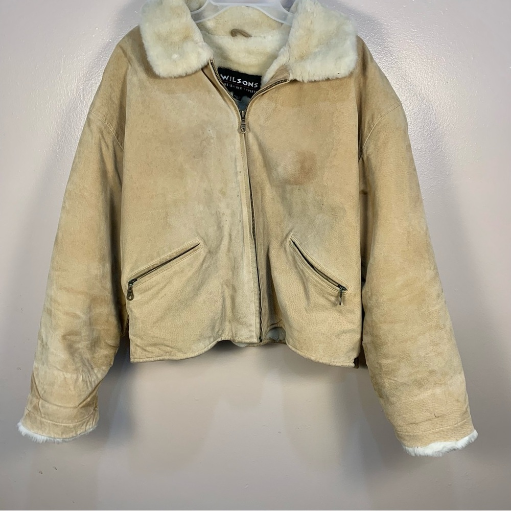 Wilson’s VTG 90s y2k Cropped Suede Leather Faux Fur Lined Jacket Tan - Picture 1 of 16